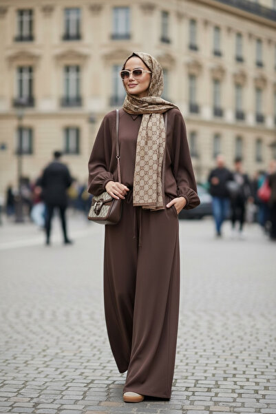 Aselim Hijap Moda Eleganza Palazzo Zippered Two-Piece Set – Seasonal - Size 36-50 Light Brown