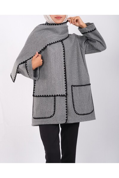 Modamorfo Buttoned Front Jacket with Scarf and Pockets - Gray
