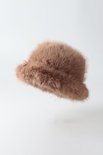 Kapin Coffee Fur Round Hat Plush Bucket Extra Fluffy Heart Hat