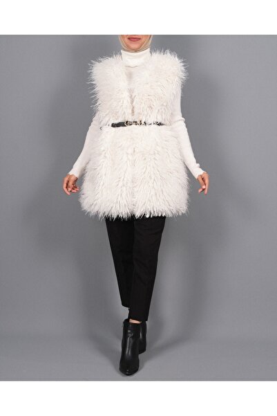 Modamorfo Belted Side Pocket Fur Lined Vest -White