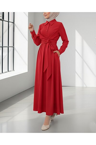 Modamorfo Half Buttoned Cross Tie Front Dress -Red