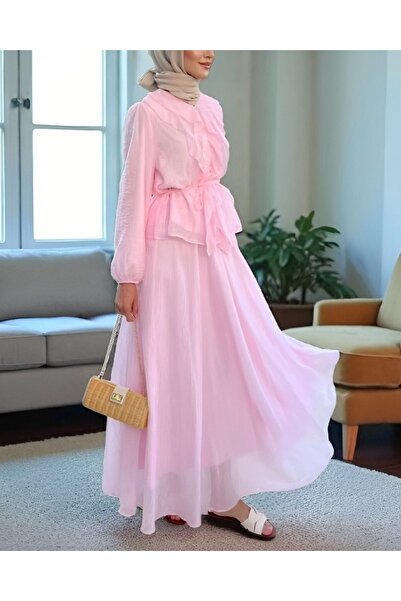 Modamorfo Buttoned Double Suit with Elastic Sleeves and Ruffle Rope Detail - Powder