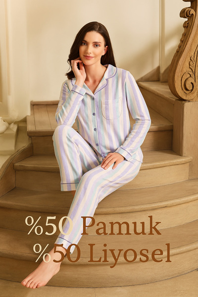 Aydoğan Aydogan ®   Women's Pajama Set - Multicolor, Atlas Front Button, Long Sleeve B15-4