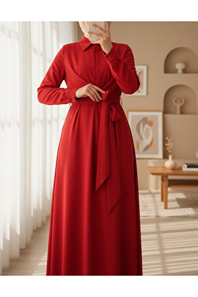 Modamorfo Half Buttoned Cross Tie Front Dress -Red