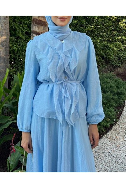 Modamorfo Buttoned Double Suit with Elastic Sleeves and Ruffle Rope Detail - Baby Blue