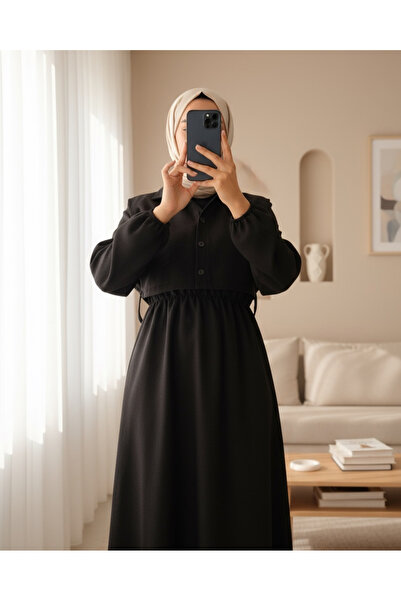 Modamorfo Dress with Shirt Detail and Elastic Waist -Black