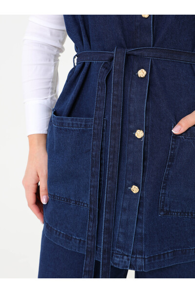 ALİA Denim Pocket Detailed Vest & Trousers Plus Size Set - Dark Navy Blue -