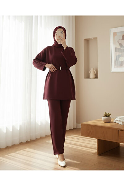 Modamorfo Round Neck Belted Waist Scuba Suit - Burgundy