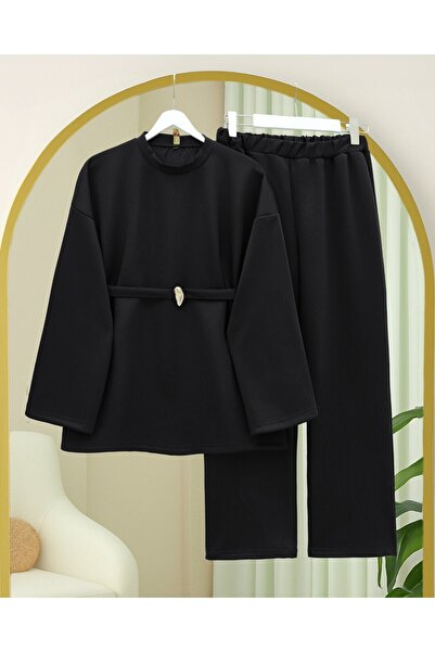 Modamorfo Round Neck Belted Waist Scuba Suit - Black