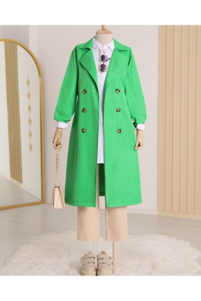 Modamorfo Double Button Belted Long Trench Coat