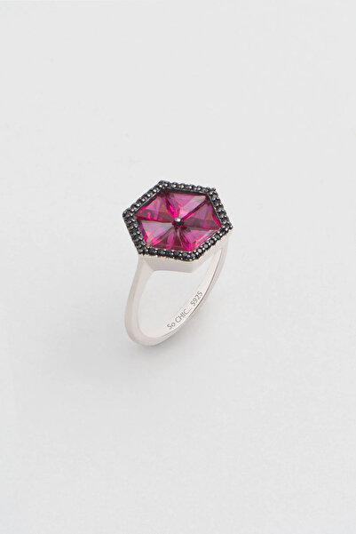 So CHIC... Created Ruby Taşlı 18 Ayar Beyaz Altın Kaplama Gümüş Geometrik Tas...