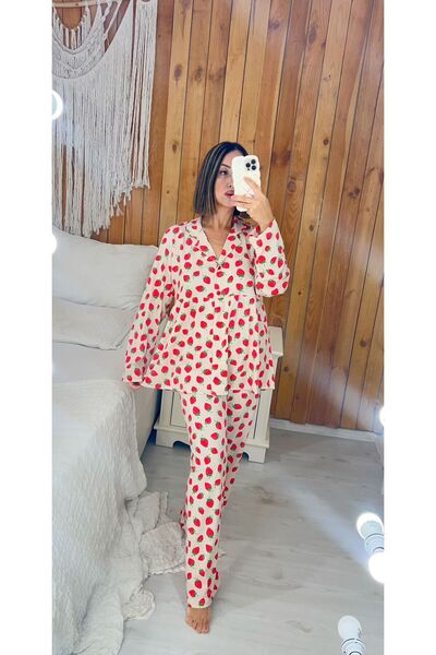 ByGamzeArman طقم بيجامة للحوامل من القطن الممشط بنقشة الفراولة بأكمام طويلة