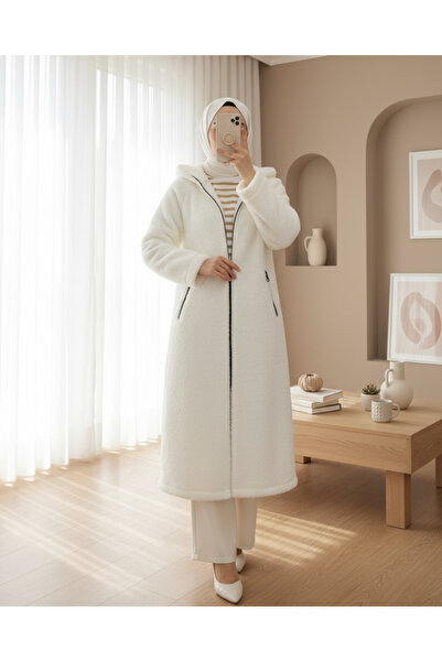 Modamorfo Winter Plush Coat - Hooded and Lined, Ecru