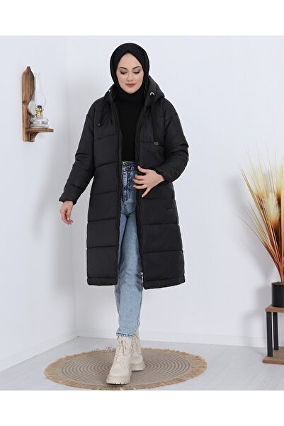 Modamorfo Dlouhý kabát s pevnou kapucí a detailem ptačího oka - černý