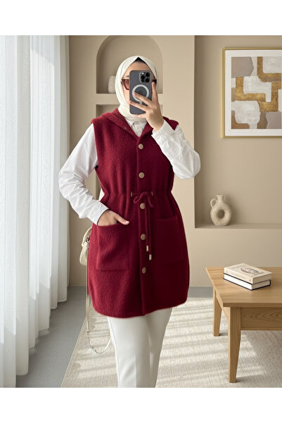 Modamorfo Hooded Pocketed Belted Beard Vest - Burgundy