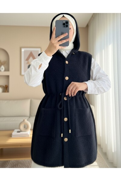 Modamorfo Hooded Pocketed Belted Beard Vest -Black