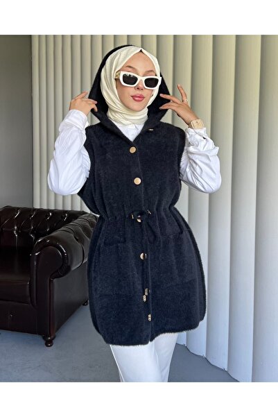 Modamorfo Hooded Pocketed Belted Beard Vest -Black