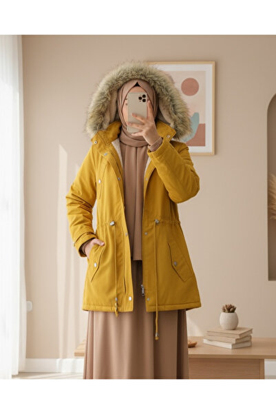 Modamorfo Hooded Fur Pocketed Lace-Up Coat - Mustard