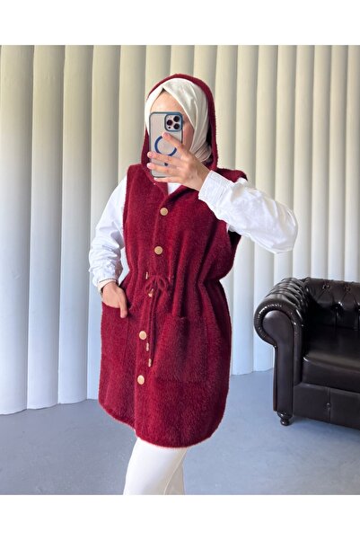 Modamorfo Hooded Pocketed Belted Beard Vest - Burgundy