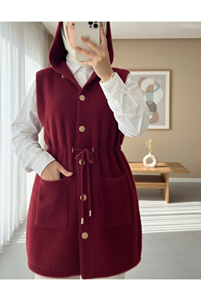 Modamorfo Hooded Pocketed Belted Beard Vest - Burgundy