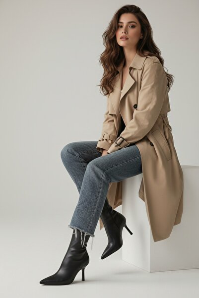 Cochines Siyah Streç Bot Kadın İnce Stiletto Topuk Fermuarlı Rahat Günlük Topuklu Bot