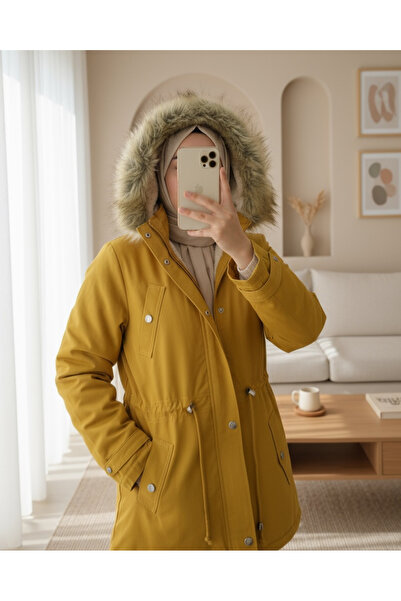 Modamorfo Hooded Fur Pocketed Lace-Up Coat - Mustard