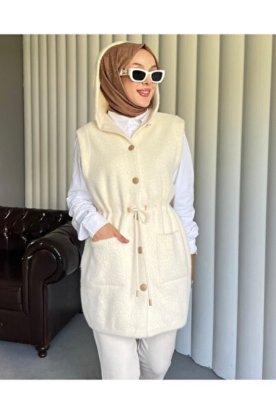 Modamorfo Hooded Pocketed Belted Beard Vest - Ecru