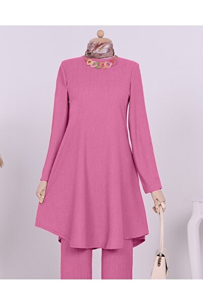 Modamorfo Loose Crinkle Set with Round Neck Necklace - Fuchsia