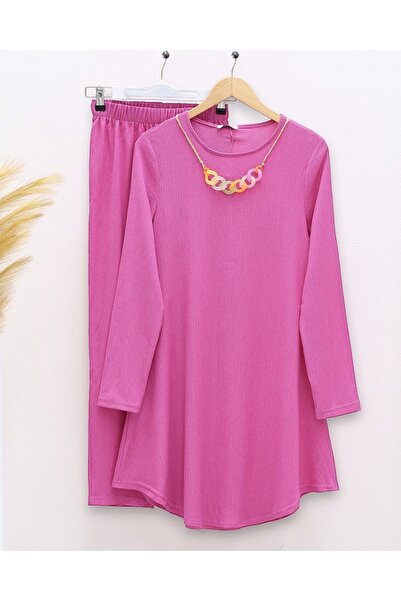 Modamorfo Loose Crinkle Set with Round Neck Necklace - Fuchsia
