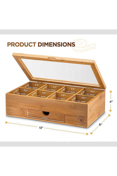 fulina 8 Compartment Bamboo Tea Box,with Drawer, 6 Compartment Organizer Box Jewelry Accessory,for Tea Bags