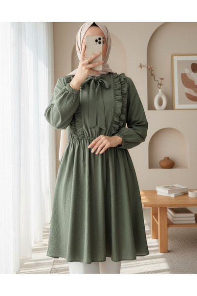 Modamorfo Yakası Bağcıklı Fırfırlı Ayrobin Tunik -Haki