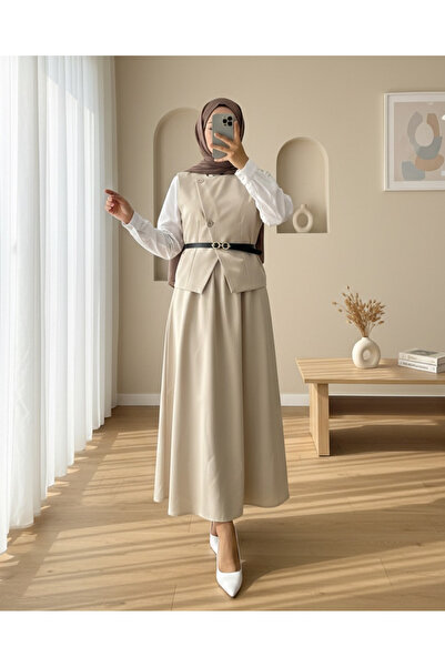 Modamorfo Cross Button Belted Vest Skirt Suit -Beige