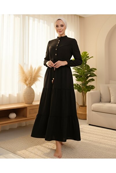 Modamorfo Φόρεμα με μισό κουμπί και κορδόνια -Μαύρο