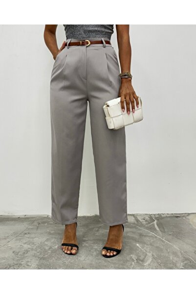 Modamorfo Thin Belted Pocketed Trousers with Stitched Legs - Gray