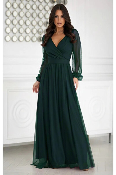 Butik Women's Long Sleeve Double-Breasted Collar Waist Belted Tulle Long Imported Crepe Dress
