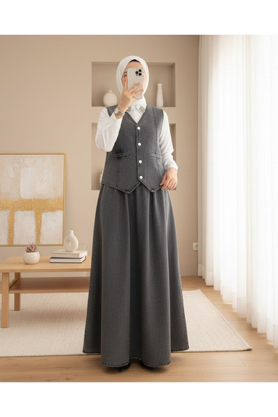 Modamorfo V-Neck Vest and Skirt Denim Suit - Smoked