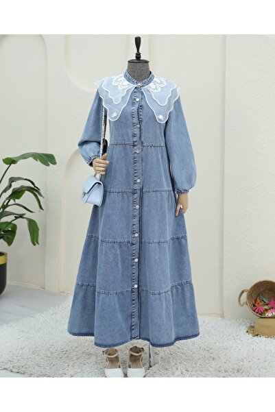 Modamorfo Rochie de denim albastru gheață - guler din organza și detaliu din tul