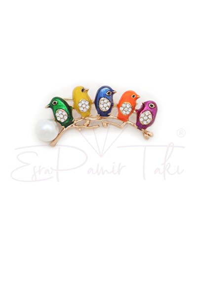 Esra Pamir Zirkon Taşlı Sıralı Kuş Broş