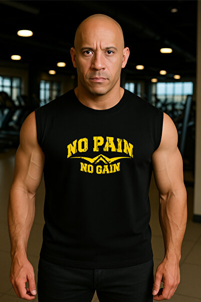 BESSA Ανδρικό μπλουζάκι No Pain No Gain με τύπωμα Μαύρο oversized Βαμβακερό αμάνικο μπλουζάκι/μπλουζάκι