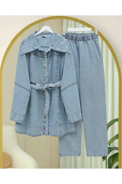 Modamorfo Beli Belted Buttoned Front Trousers Denim Set - Ice Blue