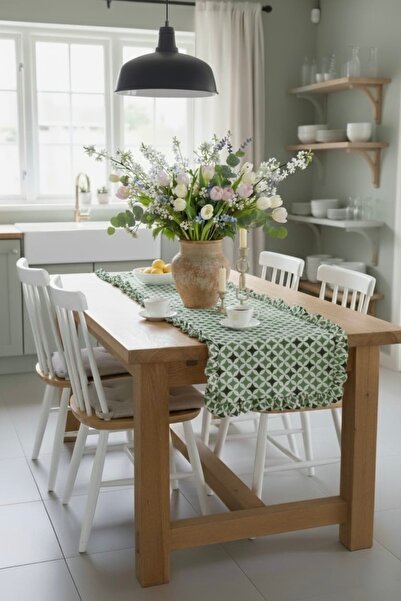 vintagetasarım runner fırfırlı vintage yeşil geometrik desen duck keten 40x130cm