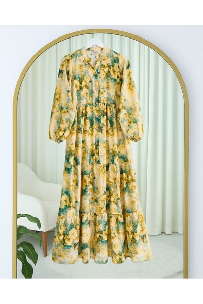 Modamorfo Half Button Mixed Pattern Sleeve Elastic Dress -Mustard