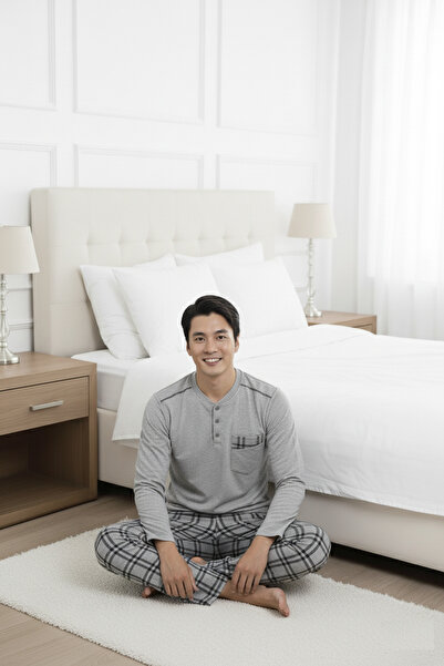 ALİMER Men's Grey Plaid Pattern Stretch Fabric Cotton Long Sleeve Winter Interlock Chest Pocket Pajamas Set