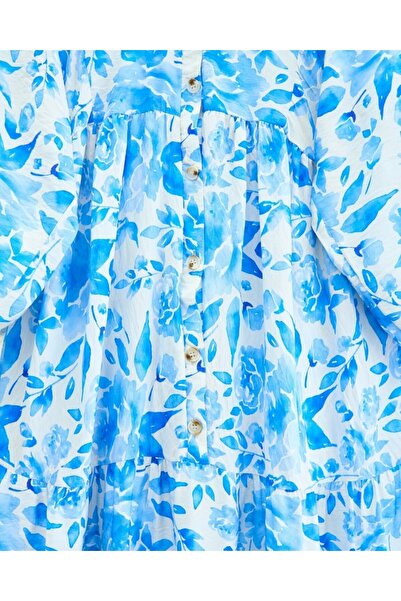 Modamorfo Small Leaf Pattern Half Button Sleeve Elastic Dress -Blue