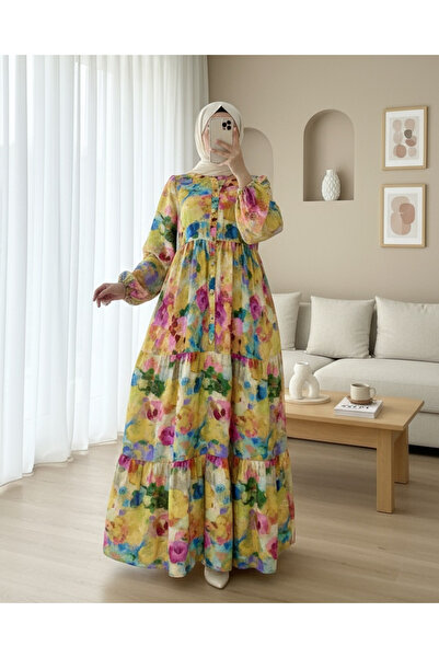 Modamorfo Mixed Pattern Half Button Sleeve Elastic Dress -Yellow