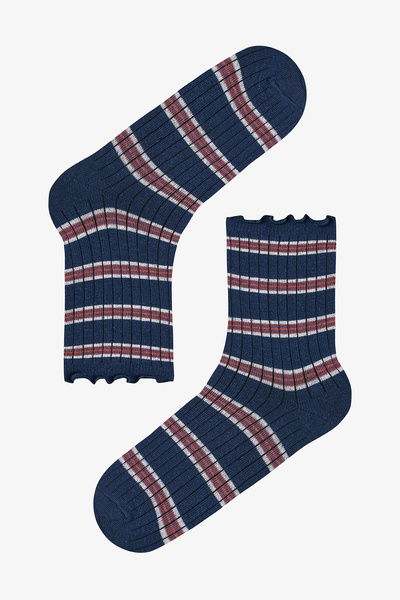 Penti Brown Navy Blue Ruffled Stripe 3-Piece Socks