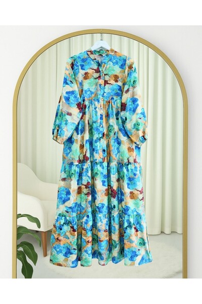 Modamorfo Mixed Pattern Half Button Sleeve Elastic Dress -Blue