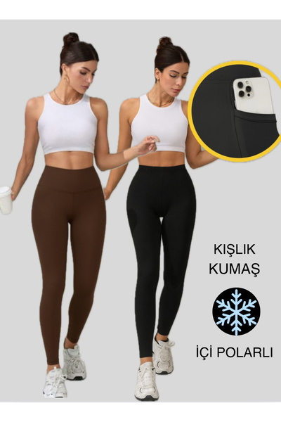 glanour Kadın Kışlık İçi Polarlı Yüksek Bel Toparlayıcı Cepli Tayt Kahverengi Siyah 2li