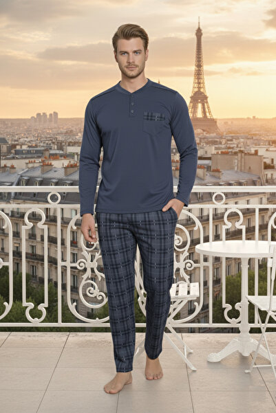 ALİMER Ανδρικό σετ πιτζάμες με μακρυμάνικο ύφασμα βισκόζης με 3 κουμπιά, καρό σχέδιο Indigo, με τσέπη στο στήθος