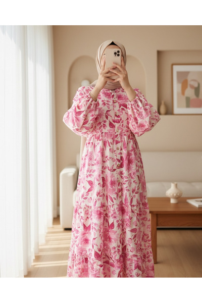 Modamorfo Small Leaf Pattern Half Button Sleeve Elastic Dress -Fuchsia